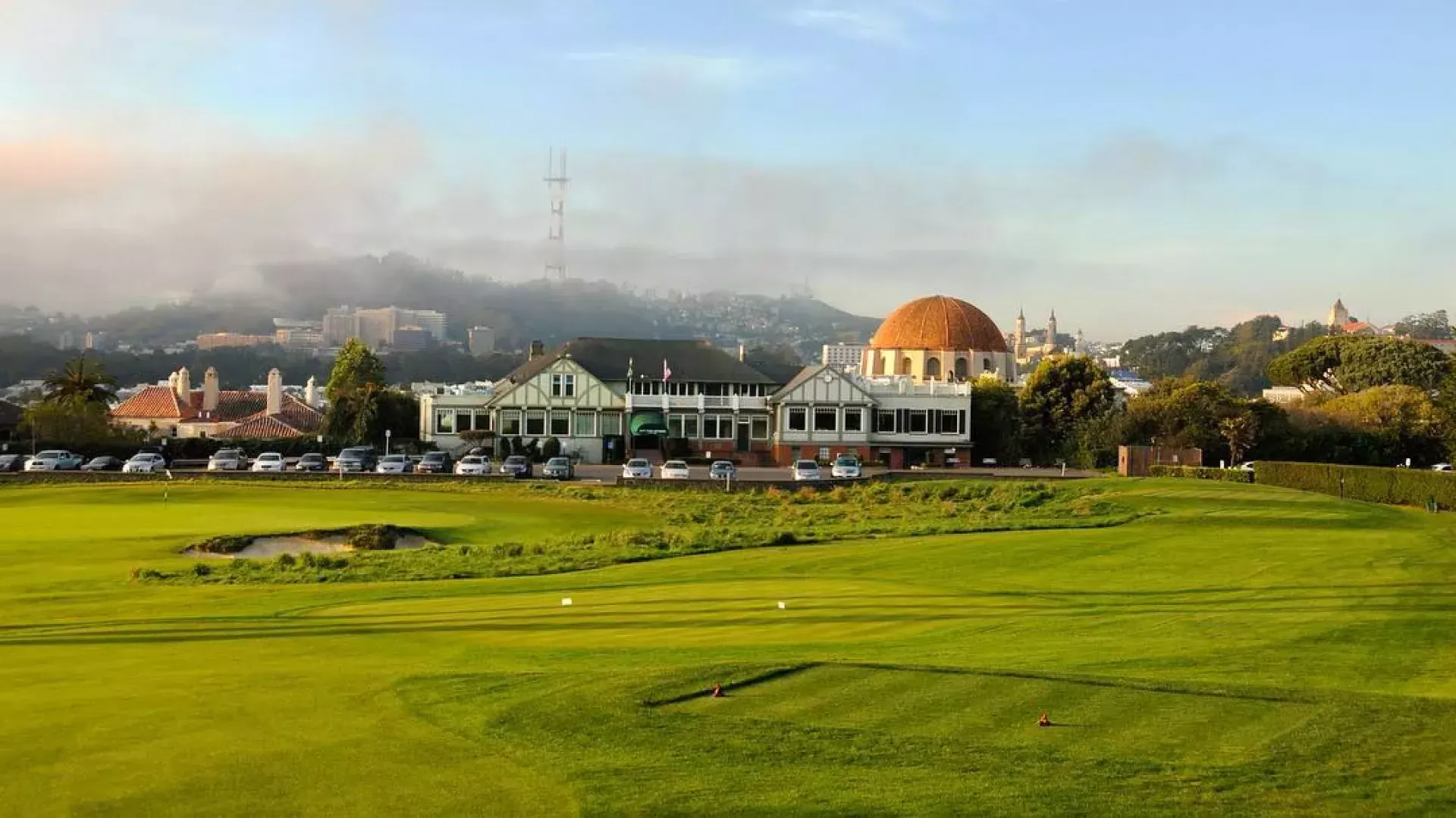 The greens of the Presidio Golf Course shine on a sunny San Francisco day.