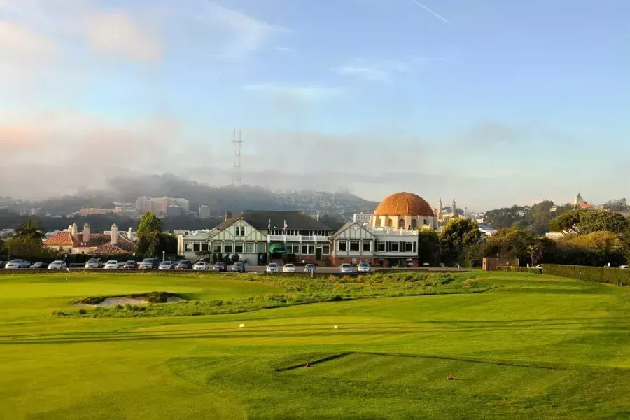 The greens of the Presidio Golf Course shine on a sunny San Francisco day.