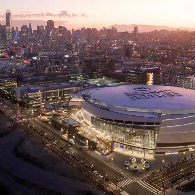 Aerial view of San Francisco's Chase Center at night.